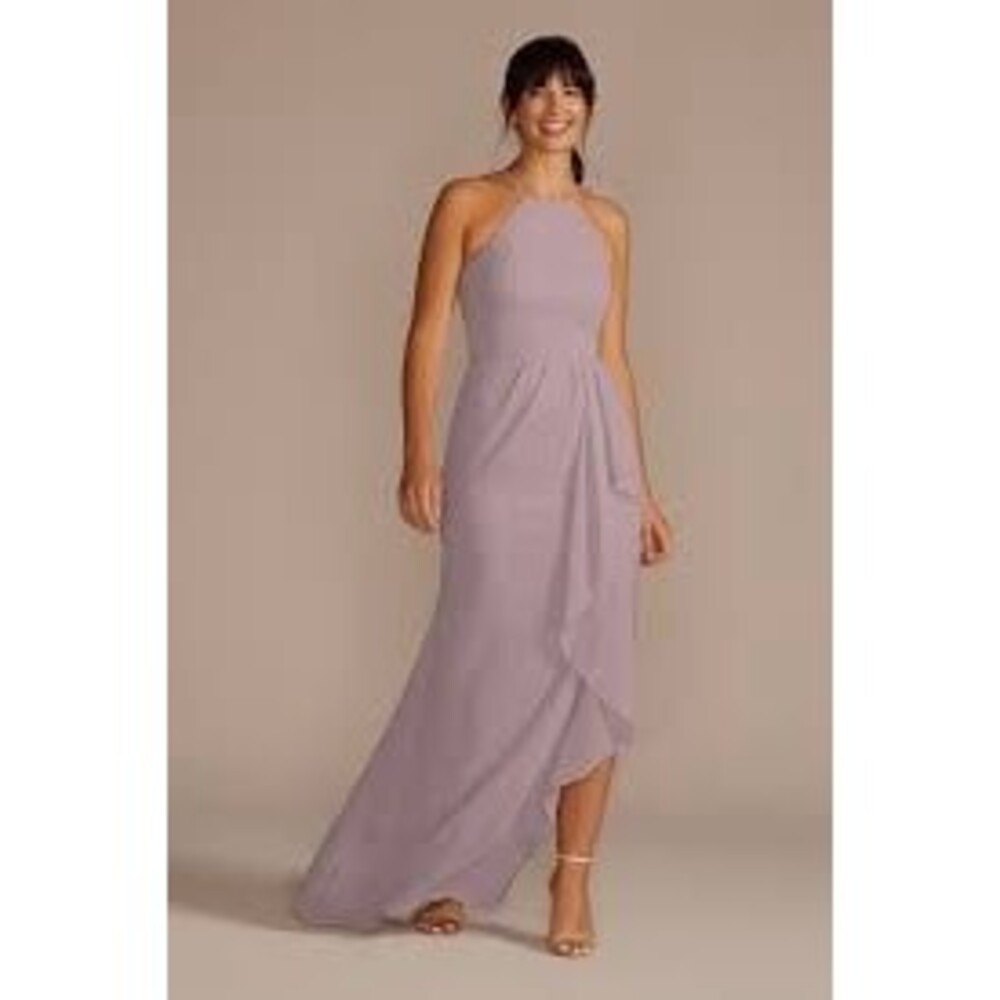 David's Bridal Chiffon High-Neck Halter Neckline, Cascade Ruffle Front Slit Sz 4